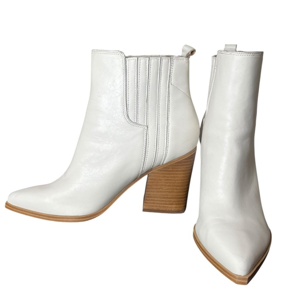 MARC FISHER Oshay Cream Leather Stacked Heel Pointed Toe Ankle Boot Women's 10